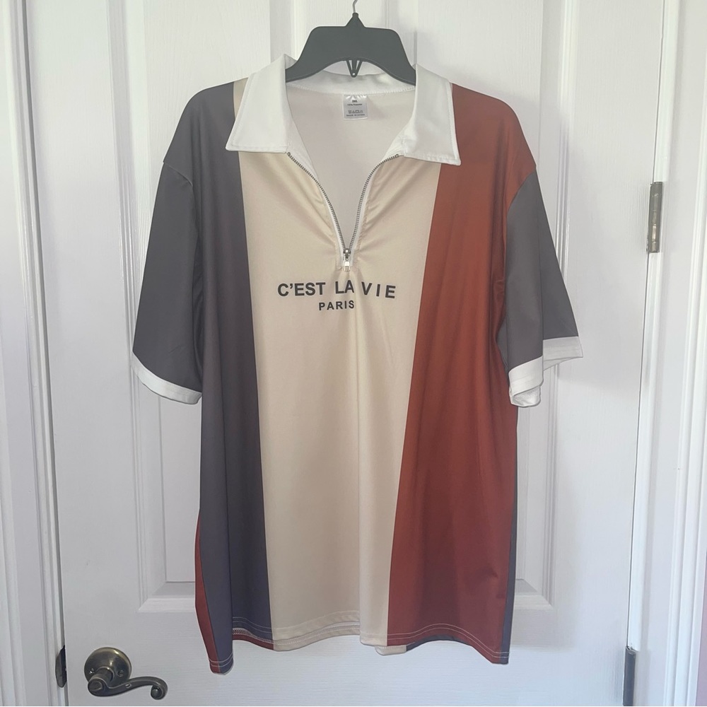 Men’s collared short sleeve color block graphic casual quarter zip shirt 2XL